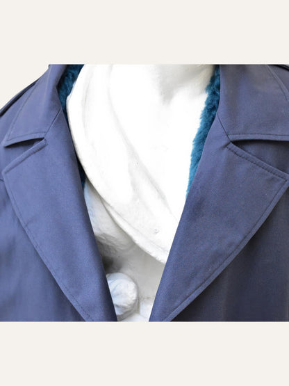 Anemoia Vestiaire navy blue cotton double-breasted trench coat with teal fur lining and notch lapels.