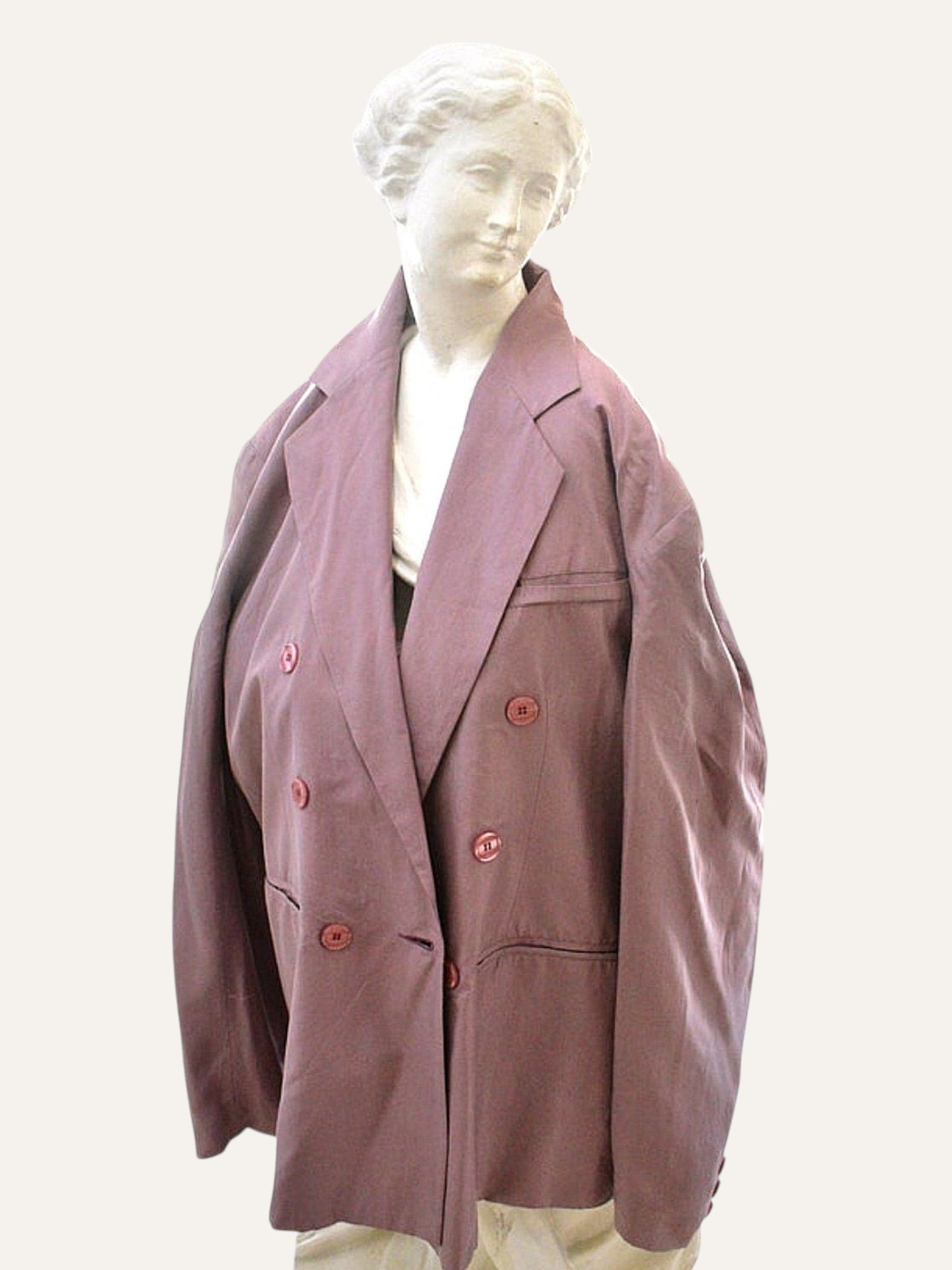 Anemoia Vestiaire dusty rose pure silk double-breasted jacket with wide lapels and floral print.