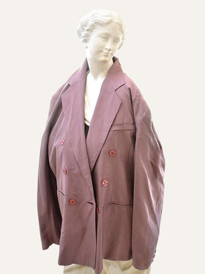 Anemoia Vestiaire dusty rose pure silk double-breasted jacket with wide lapels and floral print.