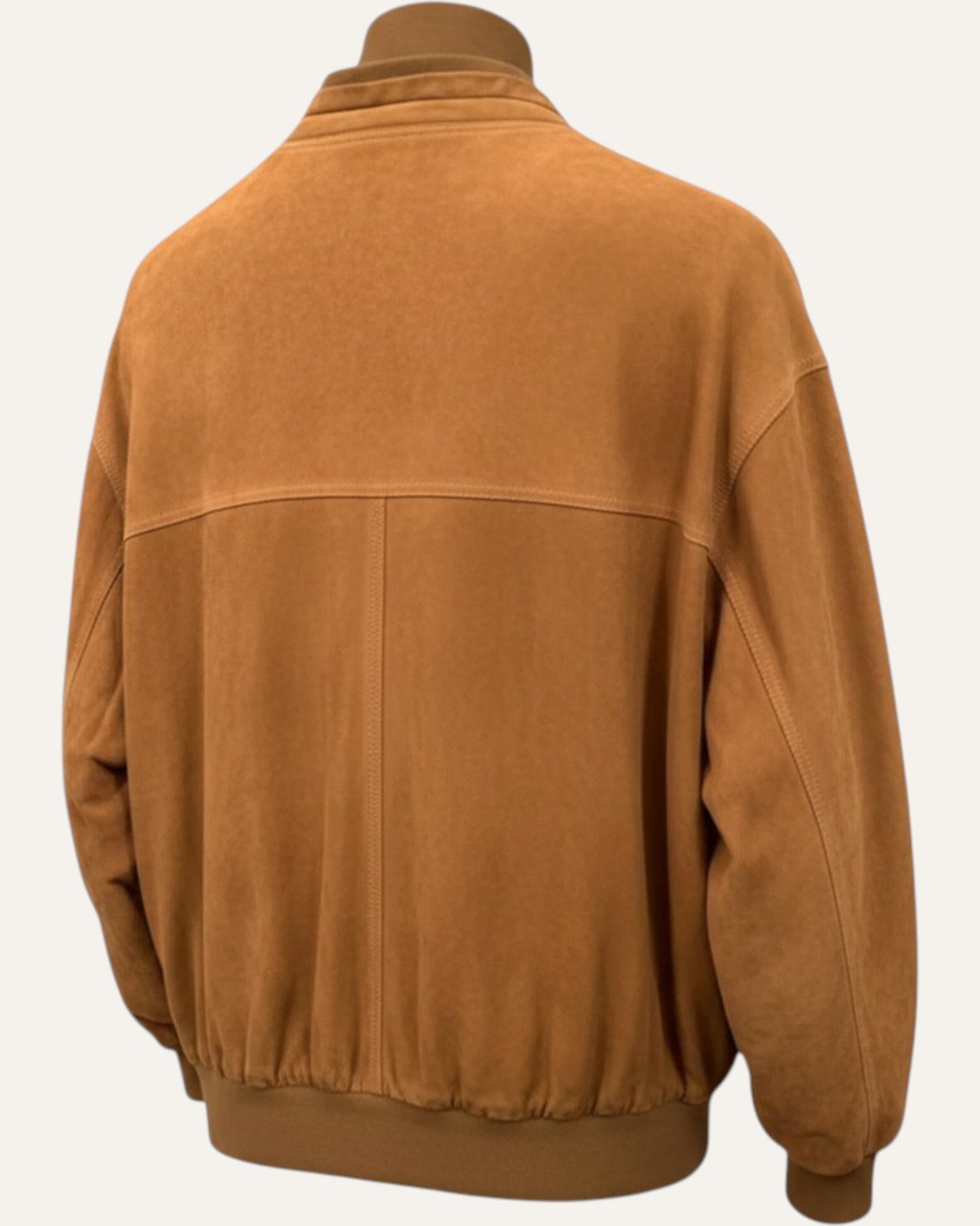 Anemoia Vestiaire camel-tan suede bomber jacket with ribbed cuffs and hem. Genuine lambskin leather.