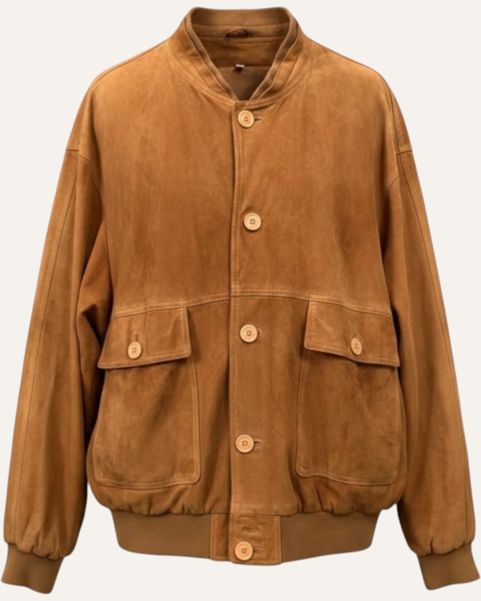 Anemoia Vestiaire camel-tan suede bomber jacket with button front, flap pockets, and ribbed cuffs/hem.