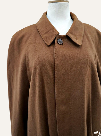 Camel cashmere overcoat detail of collar and button fastening