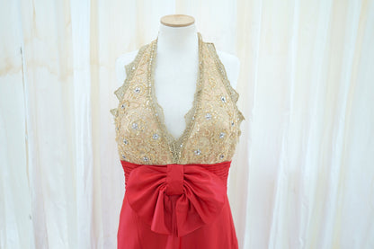 Vittorio Italia Satin Evening Gown Gold Beaded Bodice