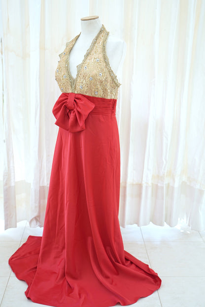 Vittorio Italia Satin Evening Gown Gold Beaded Bodice