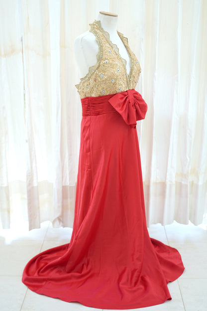Vittorio Italia Satin Evening Gown Gold Beaded Bodice