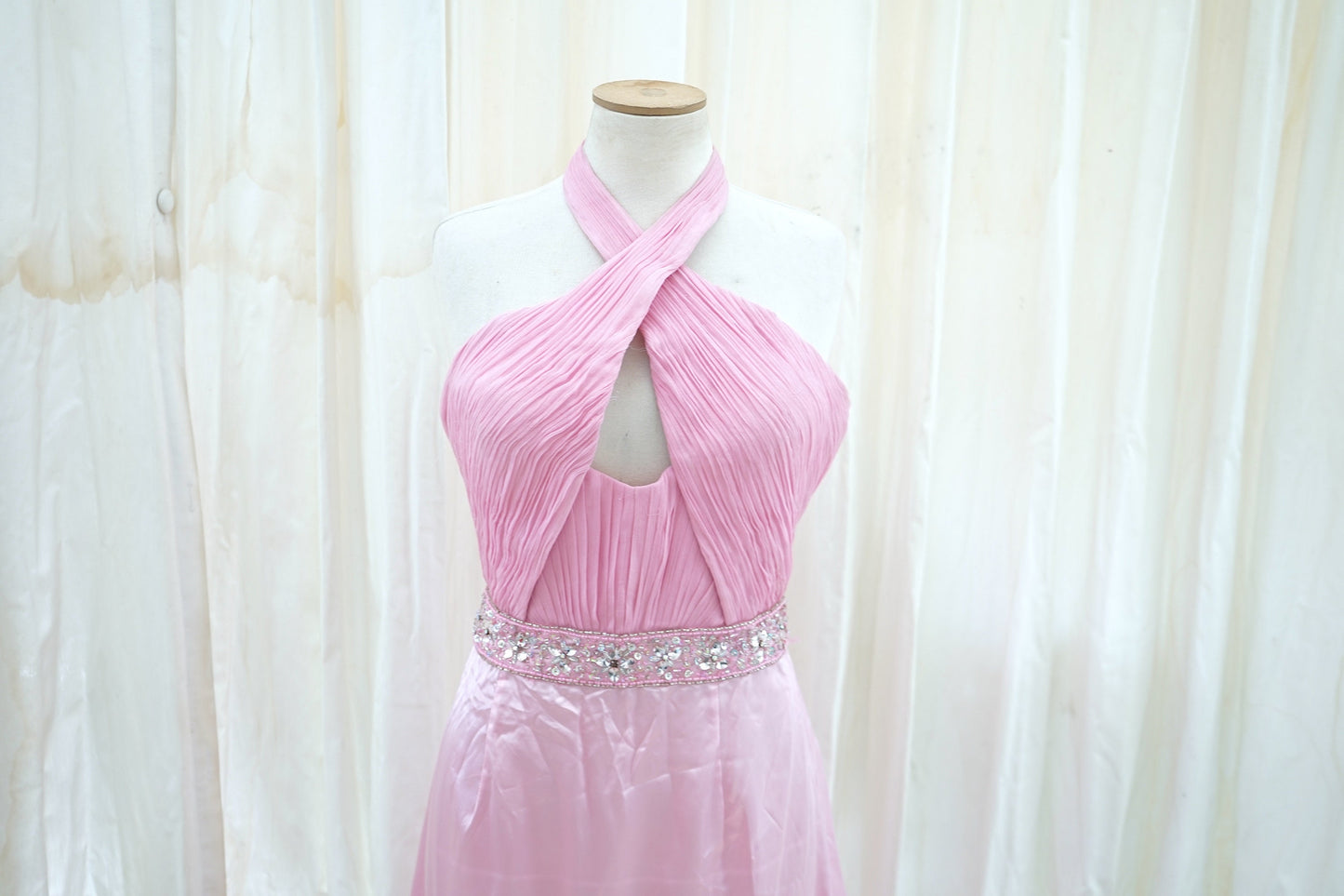Karishna Satin Evening Gown in Blush Pink with Crystal Waist Belt