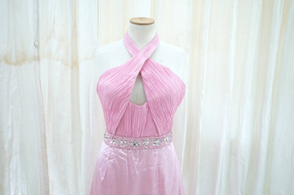 Karishna Satin Evening Gown in Blush Pink with Crystal Waist Belt