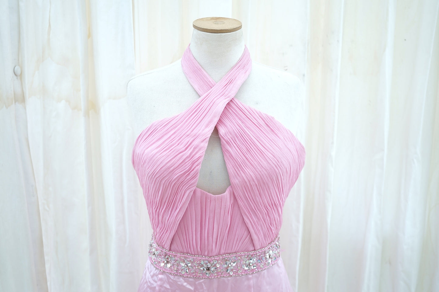 Karishna Satin Evening Gown in Blush Pink with Crystal Waist Belt