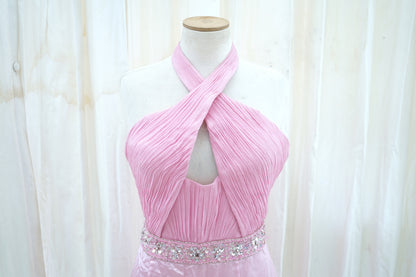 Karishna Satin Evening Gown in Blush Pink with Crystal Waist Belt
