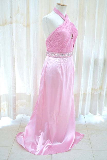 Karishna Satin Evening Gown in Blush Pink with Crystal Waist Belt
