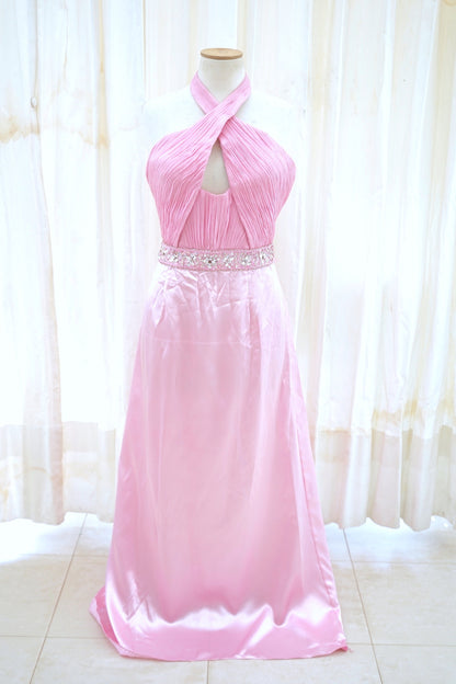 Karishna Satin Evening Gown in Blush Pink with Crystal Waist Belt