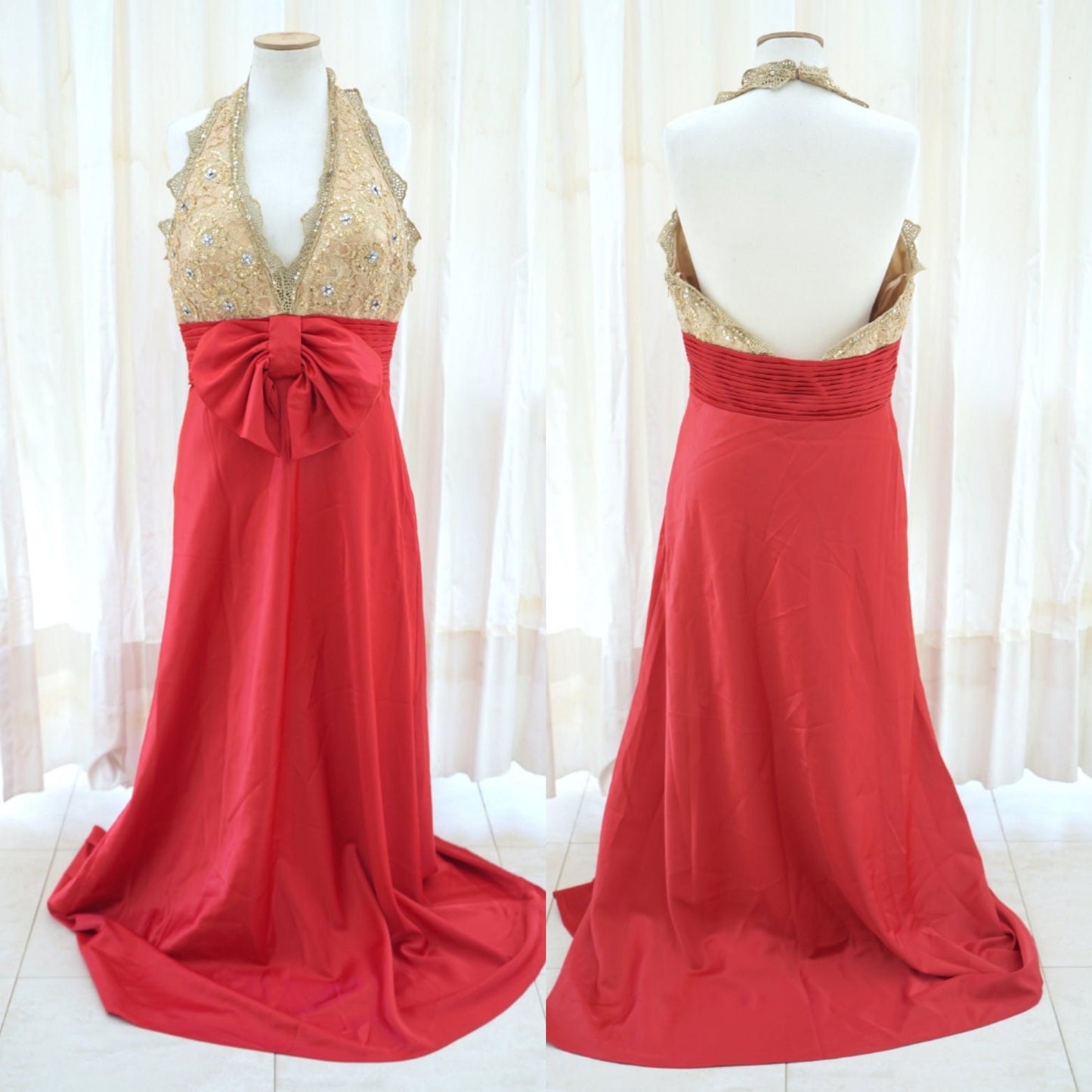 Vittorio Italia Satin Evening Gown Gold Beaded Bodice