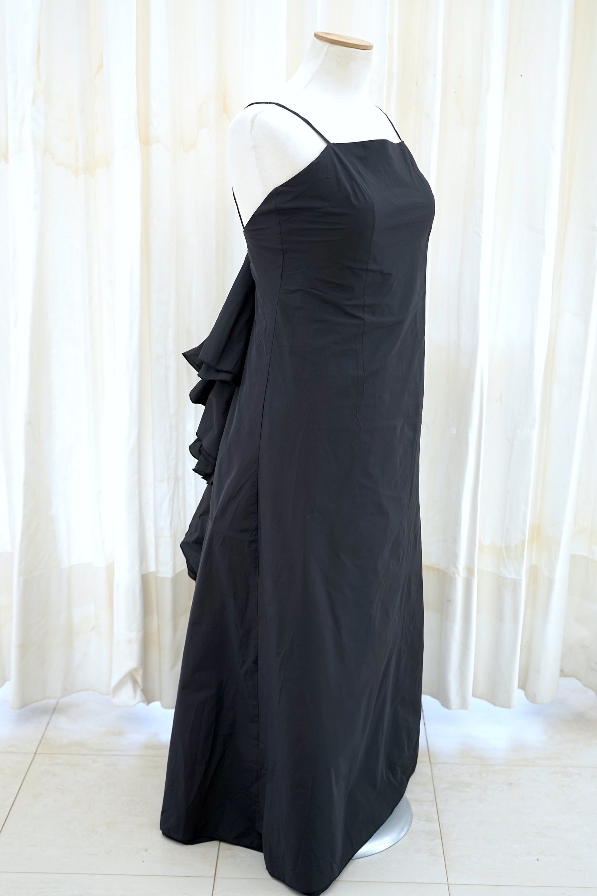 Black taffeta evening gown, ruffle cascade detail