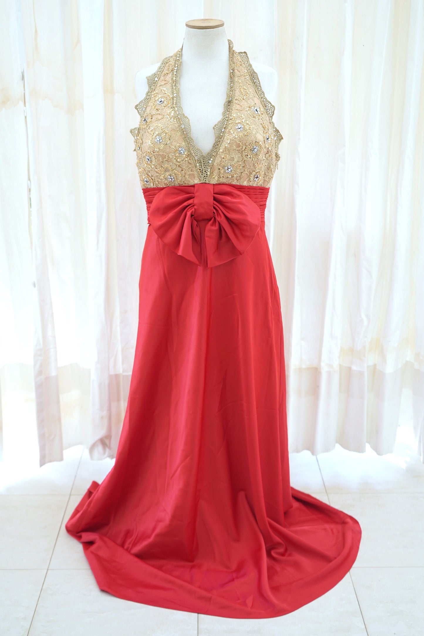 Vittorio Italia Satin Evening Gown Gold Beaded Bodice