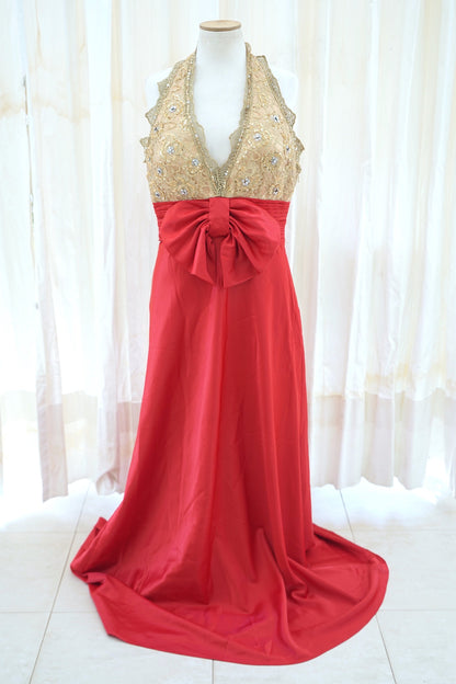 Vittorio Italia Satin Evening Gown Gold Beaded Bodice