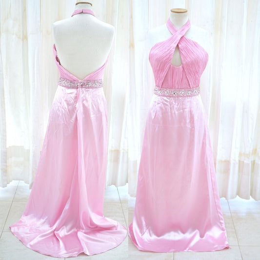 Karishna Satin Evening Gown in Blush Pink with Crystal Waist Belt