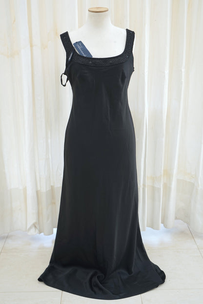 Black satin column gown with beaded neckline detail