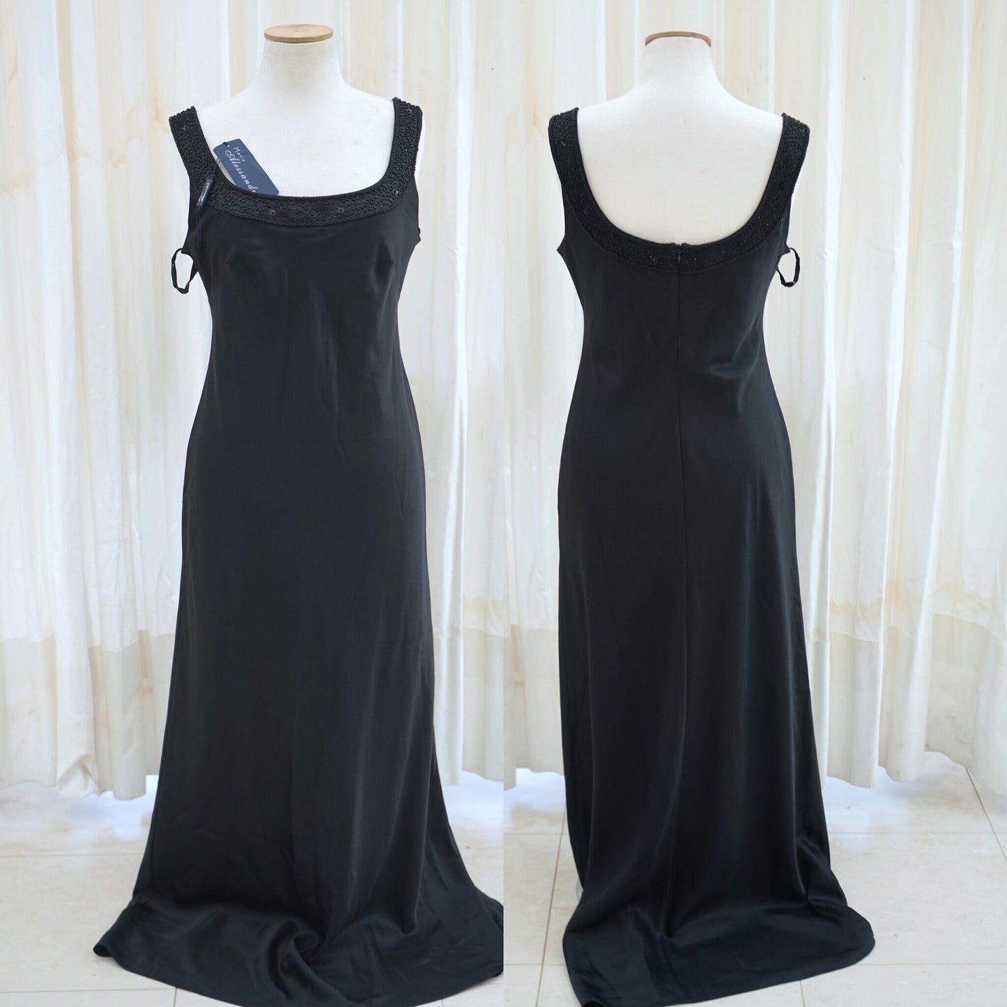 Mario Alessandro black satin column evening gown, front view