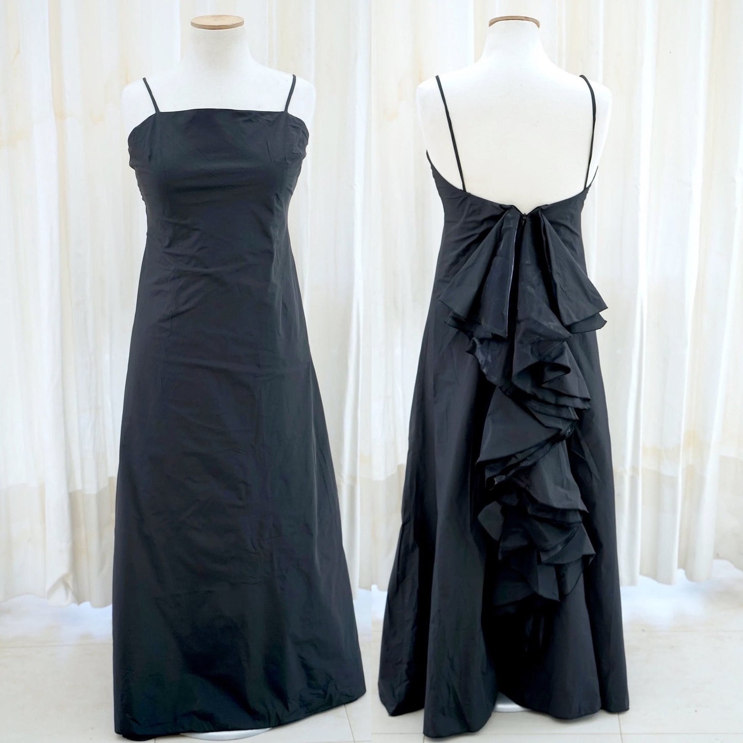 Black taffeta evening gown with ruffle cascade, front