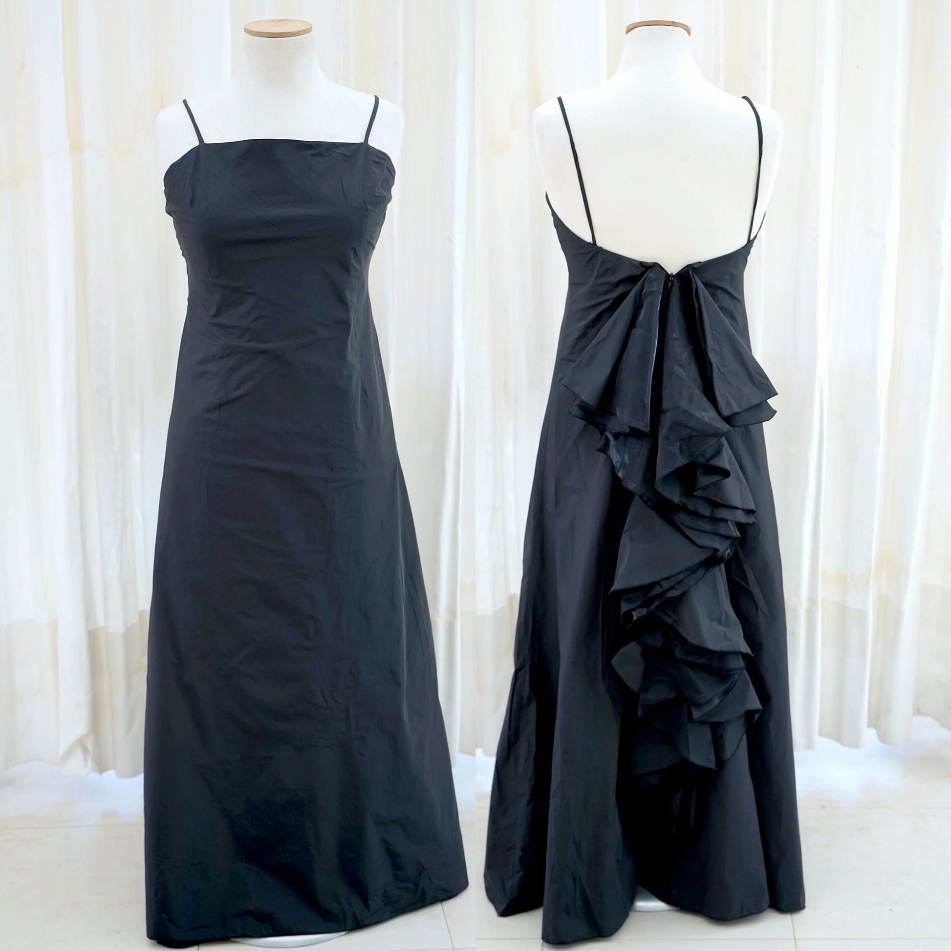 Black taffeta evening gown with ruffle cascade, front