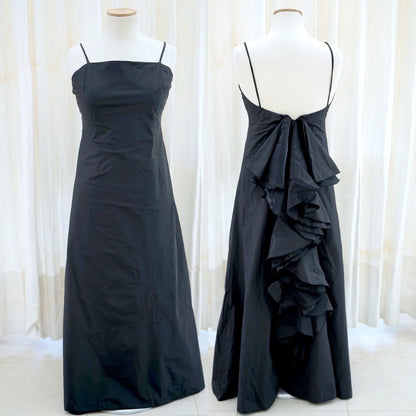 Black taffeta evening gown with ruffle cascade, front