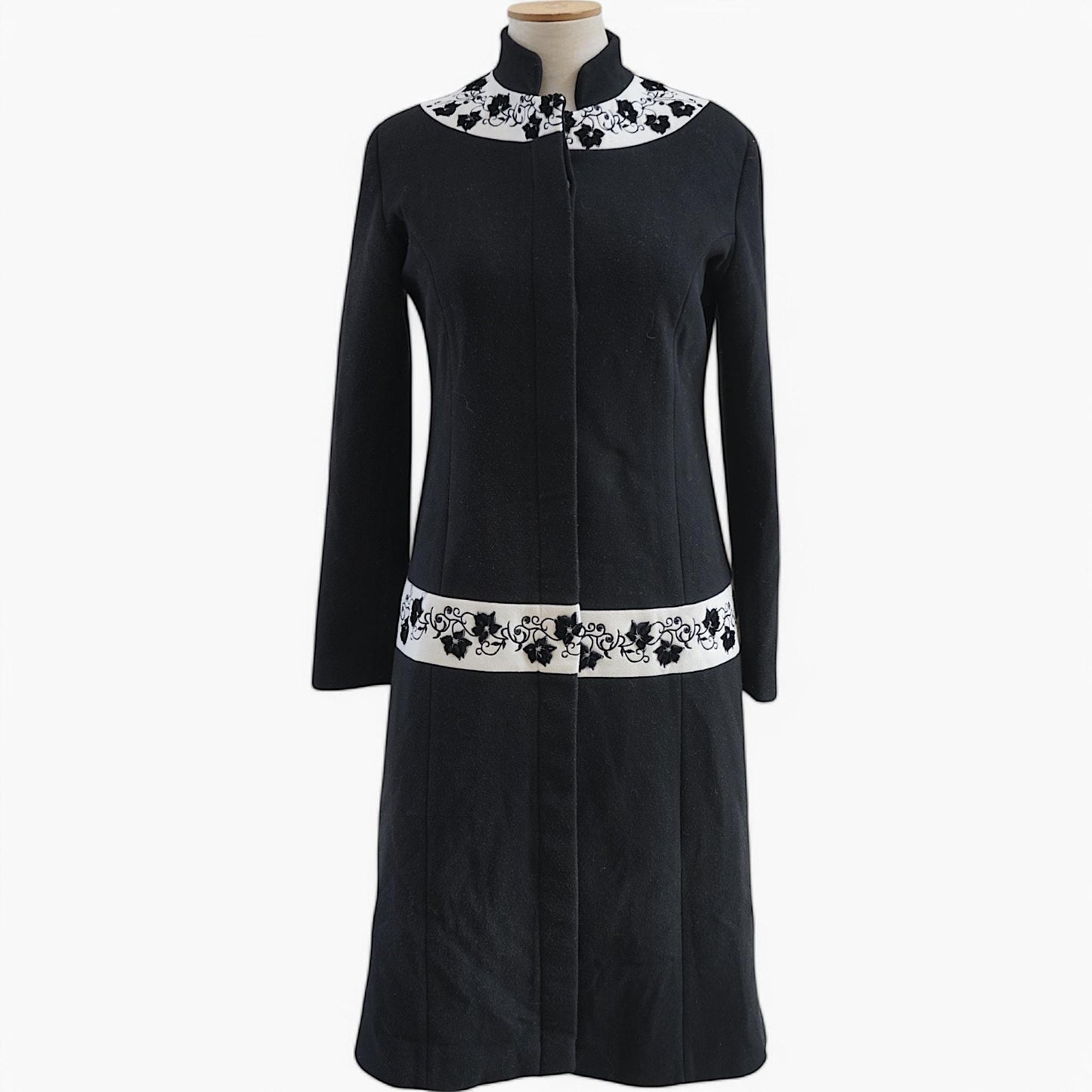 Black Embroidered Midi Coat — Mandarin Collar — Early 2000s