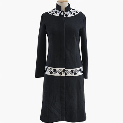 Black Embroidered Midi Coat — Mandarin Collar — Early 2000s