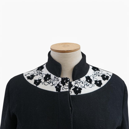 Black Embroidered Midi Coat — Mandarin Collar — Early 2000s