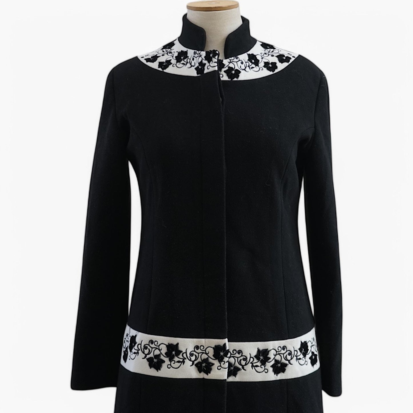 Black Embroidered Midi Coat — Mandarin Collar — Early 2000s