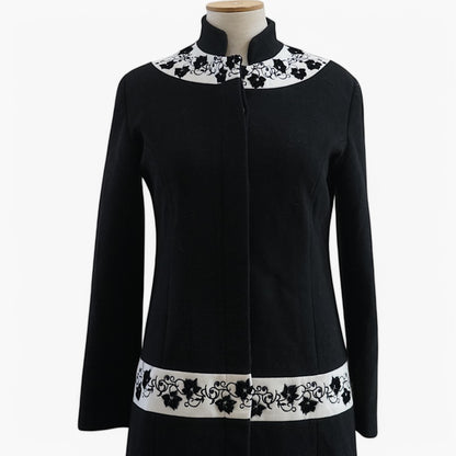 Black Embroidered Midi Coat — Mandarin Collar — Early 2000s