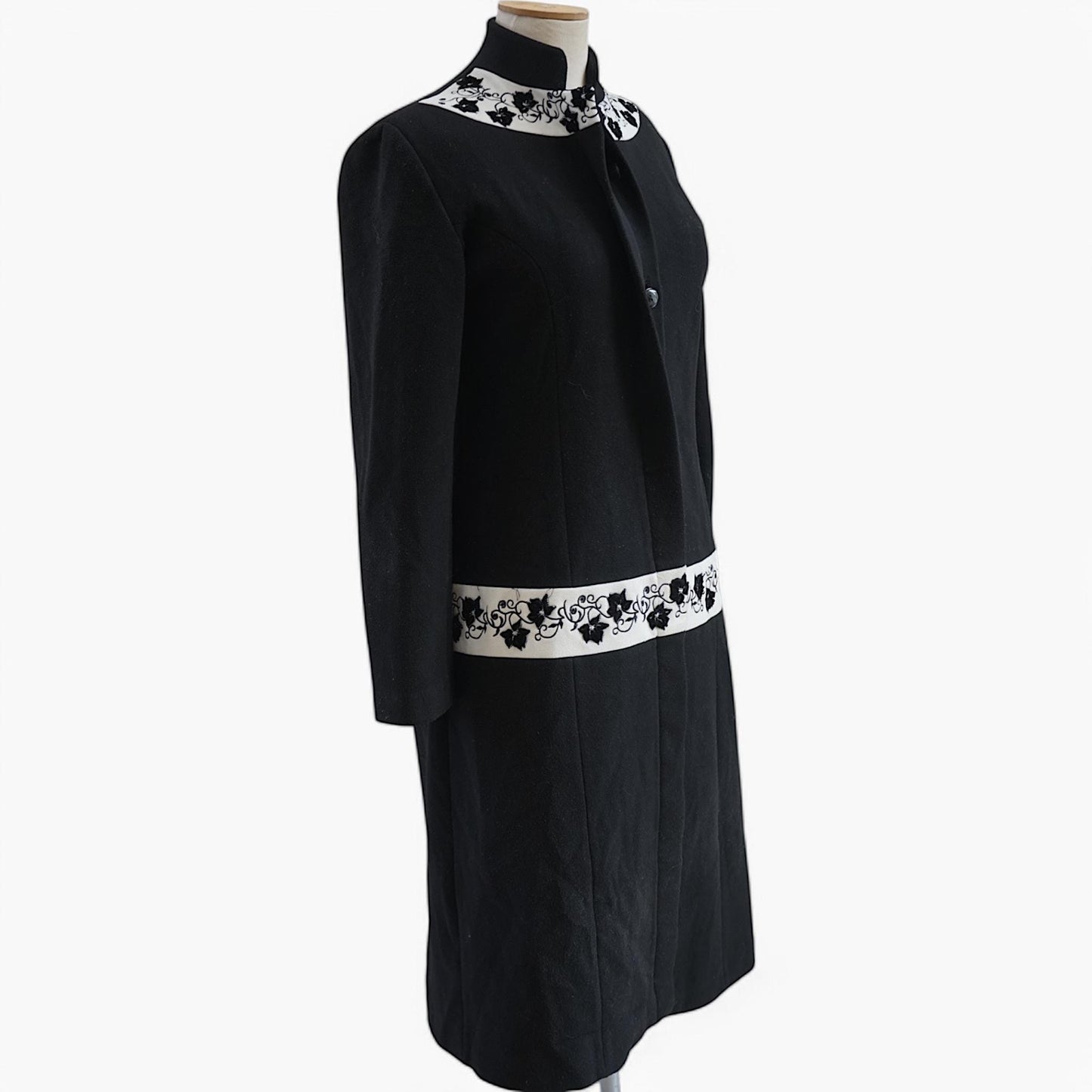 Black Embroidered Midi Coat — Mandarin Collar — Early 2000s