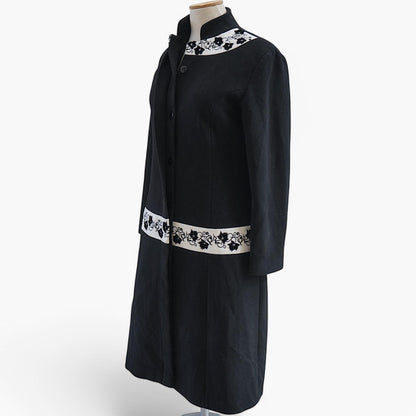 Black Embroidered Midi Coat — Mandarin Collar — Early 2000s