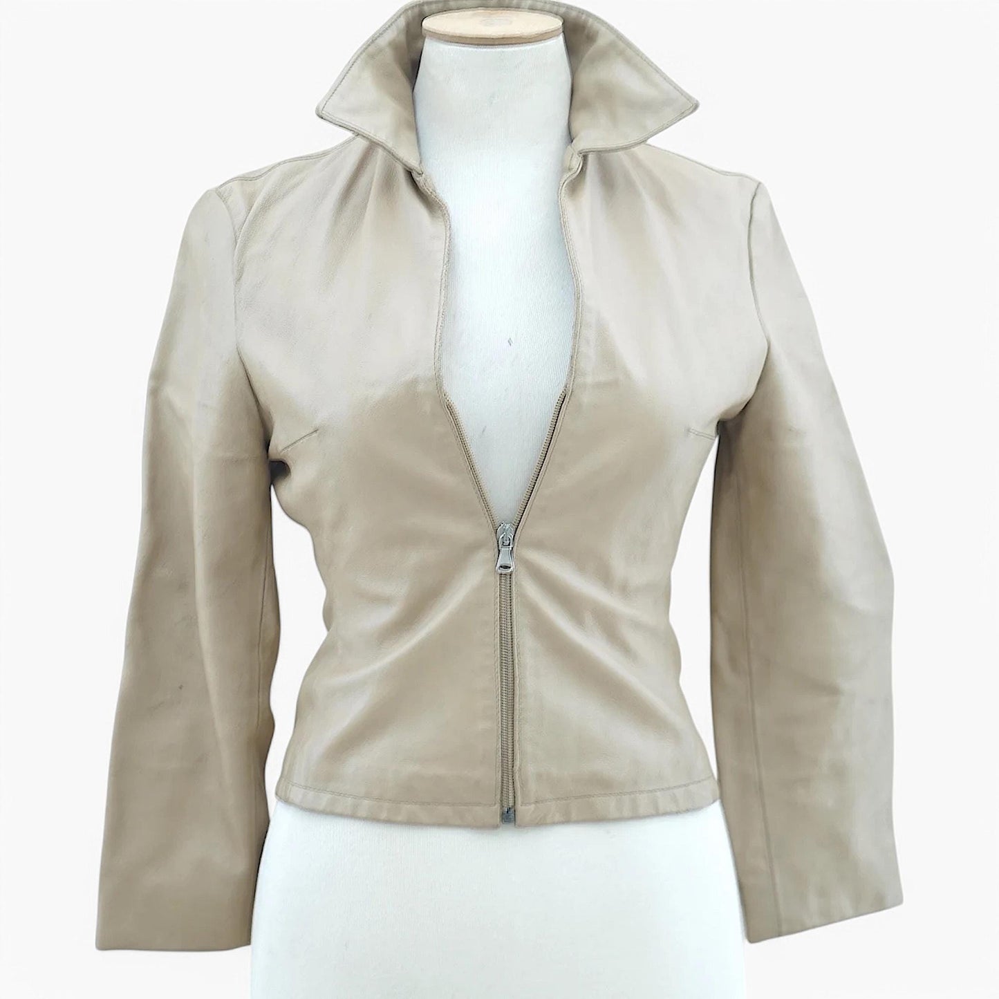 Vintage Fitted Zip-Front Leather Jacket in Sand