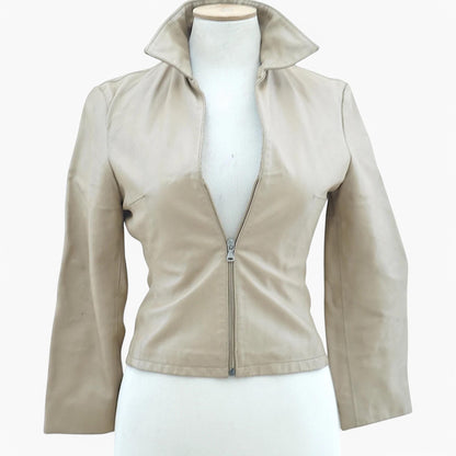 Vintage Fitted Zip-Front Leather Jacket in Sand