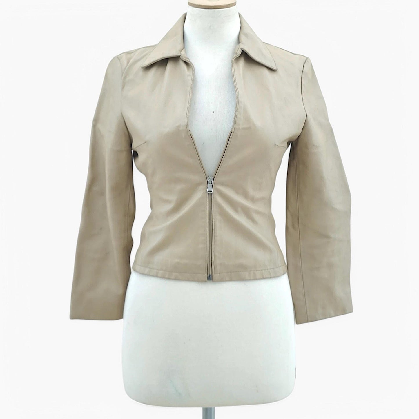 Vintage Fitted Zip-Front Leather Jacket in Sand