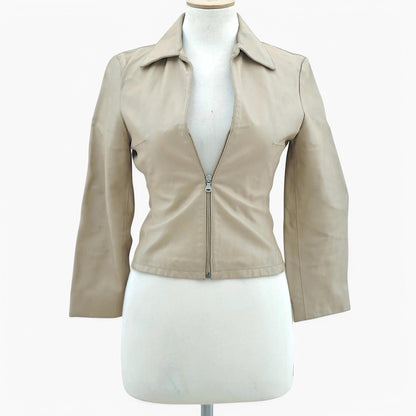 Vintage Fitted Zip-Front Leather Jacket in Sand