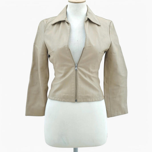 Vintage Fitted Zip-Front Leather Jacket in Sand