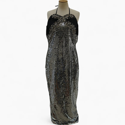 Sequin Column Gown with Beaded Laurel Halter