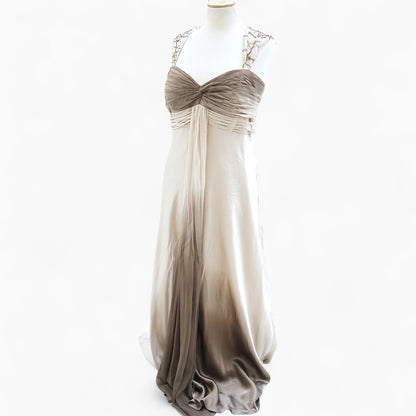 Pure Silk Empire Gown with Beaded Vine Straps in Champagne & Café