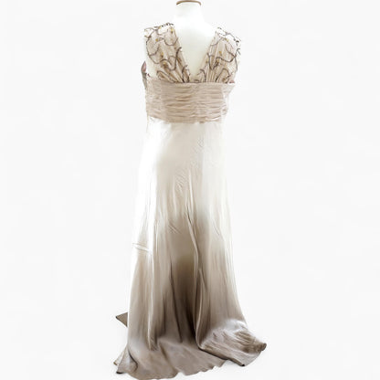 Pure Silk Empire Gown with Beaded Vine Straps in Champagne & Café
