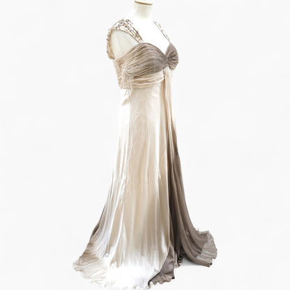 Pure Silk Empire Gown with Beaded Vine Straps in Champagne & Café