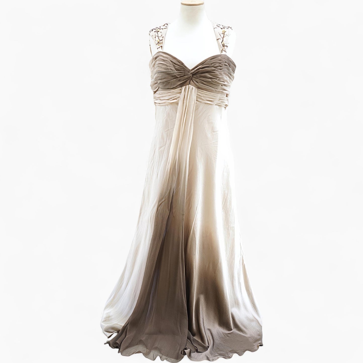 Pure Silk Empire Gown with Beaded Vine Straps in Champagne & Café