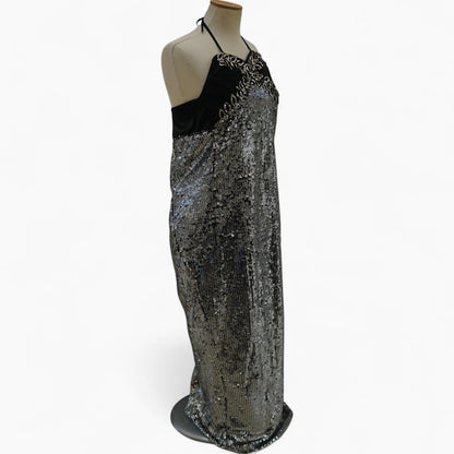 Sequin Column Gown with Beaded Laurel Halter