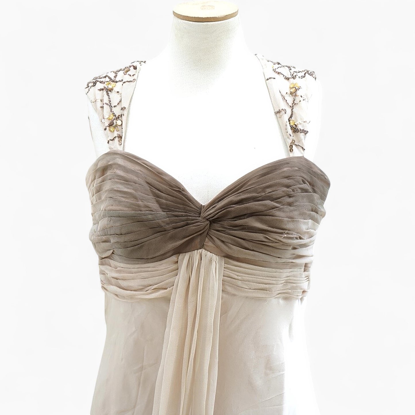 Pure Silk Empire Gown with Beaded Vine Straps in Champagne & Café