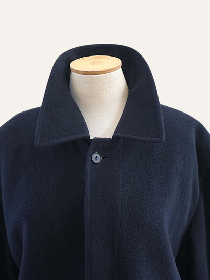 Navy wool raglan overcoat, minimalist