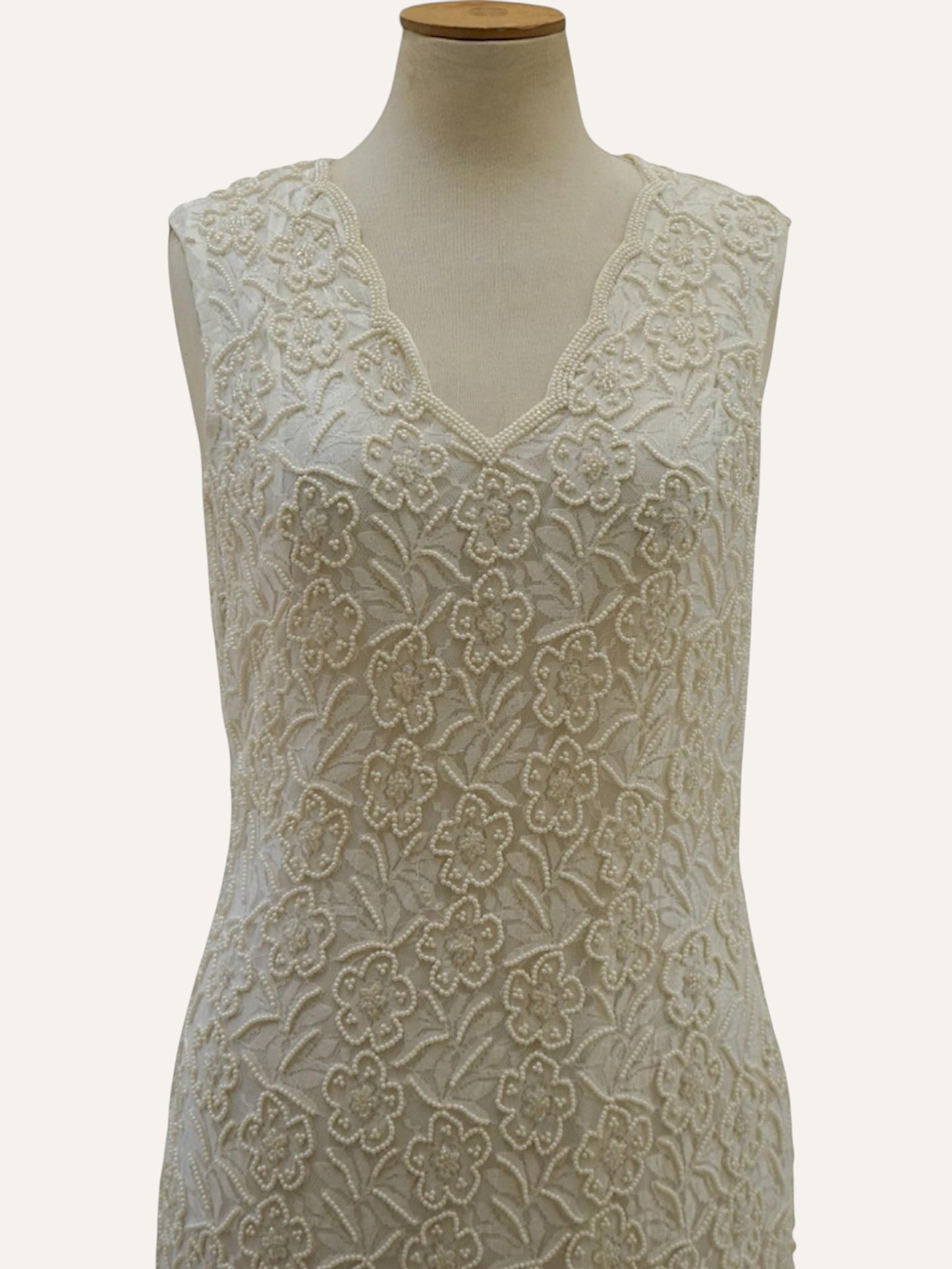 Bespoke Pearl-Beaded Floral Sheath Dress in Ivory