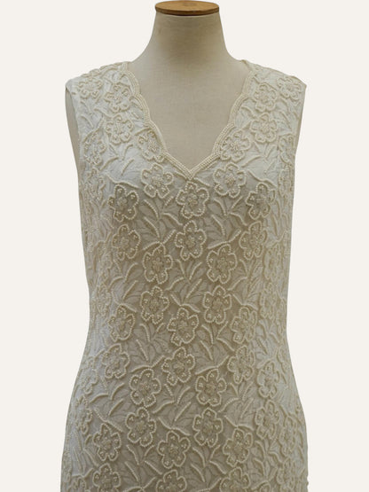 Bespoke Pearl-Beaded Floral Sheath Dress in Ivory