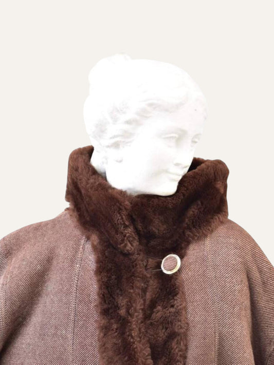 Wool Herringbone Swing Coat with Fur Trim