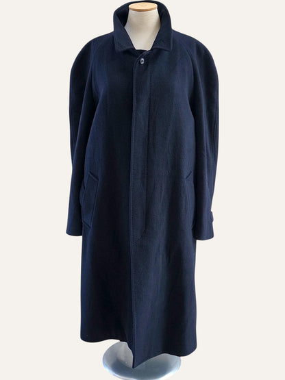 Blue raglan overcoat, side view