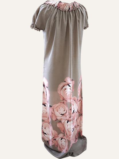 Pure Silk Rose Print Maxi Gown